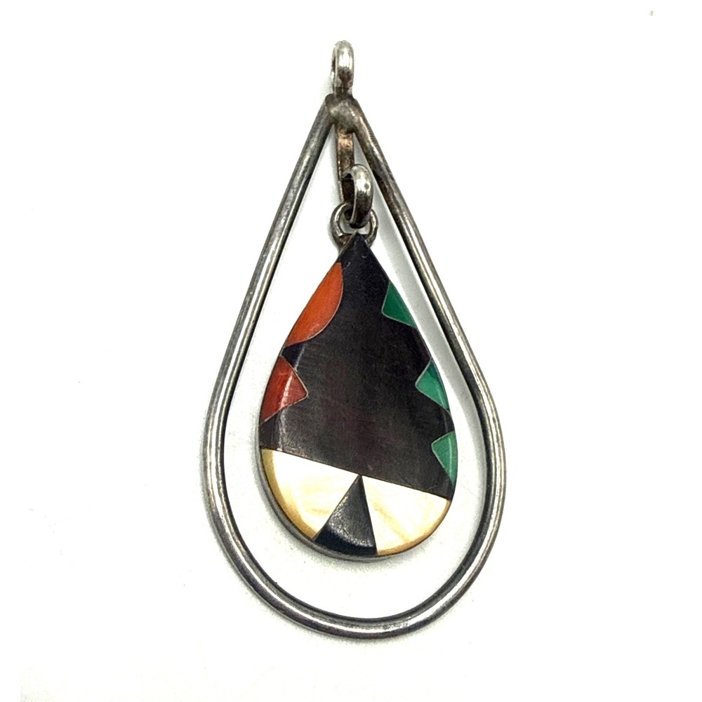 Vtg Zuni R.E.G. Stone Inlay Teardrop Pendant Sterling Silver Native American